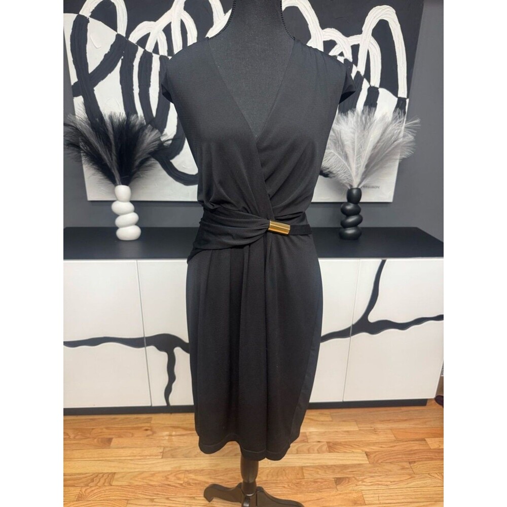Ellen Tracy Faux Wrap Midi Dress Black Gold Accent Women's 14 Career Elegant